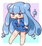  1girl :d bangs bare_shoulders blue_eyes blue_hair blue_shirt blush chibi collarbone collared_shirt commentary_request dress_shirt full_body half_slime-chan hana_kazari hands_on_hips highres long_hair long_sleeves looking_away monster_girl original revision shirt slime_girl smile solo v-shaped_eyebrows very_long_hair 