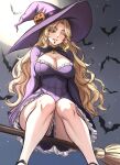  1girl abs bat_(animal) black_dress blonde_hair breasts broom broom_riding chin_piercing cleavage cleavage_cutout clothing_cutout collarbone covered_abs dress english_commentary fate/grand_order fate_(series) full_moon green_eyes halloween halloween_costume hat hat_ornament highres large_breasts long_hair long_sleeves moon night night_sky one_eye_closed pumpkin_hat_ornament purple_dress purple_headwear quetzalcoatl_(fate) short_dress sky solo tight tight_dress very_long_hair wavy_hair witch witch_hat zantyarz 