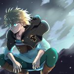  1boy black_bull_(emblem) black_capelet black_clover blonde_hair blue_eyes brown_footwear capelet green_pants green_shirt highres looking_to_the_side luck_voltia nac_tw pants shirt squatting twitter_username 