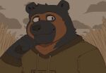  2022 anthro biped black_body black_nose brown_body clothing detailed_background hoodie humanoid_hands mammal outside portrait solo spectacled_bear thebearalliance topwear tremarctine ursid 