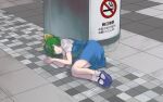  1girl ascot bangs blue_footwear blue_skirt blue_vest bow closed_eyes collared_shirt cookie_(touhou) daiyousei diyusi_(cookie) full_body green_hair hair_bow highres lying mary_janes mochizuki_rokiyu no_smoking on_floor on_side open_mouth ponytail shirt shoes short_sleeves sign skirt socks solo tile_floor tiles touhou vest white_shirt white_socks yellow_ascot yellow_bow 