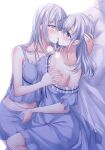  2girls alternate_hairstyle bangs bed_sheet blue_eyes blush breast_grab breasts breath cleavage commentary_request covered_nipples crotch_grab dated eye_contact french_kiss fuyutsuki_(kancolle) grabbing grey_hair hair_between_eyes hair_down highres kabocha_torute kantai_collection kiss large_breasts long_hair looking_at_another lying multiple_girls on_back pajamas pillow simple_background suzutsuki_(kancolle) twitter_username very_long_hair white_background yuri 