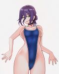  1girl blue_one-piece_swimsuit breasts chainsaw_man choker grin hair_between_eyes highres one-piece_swimsuit purple_hair reze_(chainsaw_man) sideboob simple_background siri_(artist) smile solo swimsuit white_background 