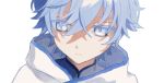  1boy aahaha_(ydasige11) bangs blue_eyes blue_hair chongyun_(genshin_impact) close-up closed_mouth crossed_bangs genshin_impact hair_between_eyes hood hood_down light_blue_hair male_focus portrait simple_background solo white_background 