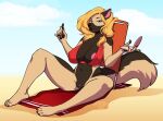  anthro areola areola_slip beach beach_towel big_breasts bikini bikini_top black_lipstick blonde_hair blue_eyes bottomless breasts canid canine canis claws clitoris clothed clothing domestic_dog female genitals german_shepherd hair hand_mirror herding_dog kittydee lipstick looking_at_viewer makeup mammal mature_female mirror pastoral_dog pussy rachael_(steveshep) sand seaside sitting solo swimwear towel 