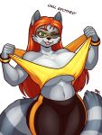  anthro big_breasts blazbaros blep bottomwear bracelet breasts cleavage clothed clothing female fluffy fluffy_tail fur green_eyes grey_body grey_fur hair hi_res jewelry long_hair mammal one_eye_closed orange_hair pants procyonid raccoon simple_background solo tearing_clothing tight_clothing tongue tongue_out torn_clothing white_background yoga_pants 