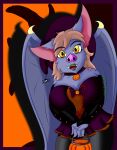  anthro bat_wings big_breasts blue_body breasts chiropteran clothing female halloween hi_res holidays humanoid justahoot lingerie looking_at_viewer mammal membrane_(anatomy) membranous_wings simple_background smile smiling_at_viewer solo thick_thighs trick_or_treat vampire wings yellow_eyes 