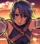  1girl absurdres aqua_(kingdom_hearts) beach blue_eyes blue_hair breasts chest_strap commentary elbow_gloves english_commentary gimmie20dollas gloves highres kingdom_hearts kingdom_hearts_birth_by_sleep large_breasts looking_at_viewer ocean sleeveless smile solo sunset 