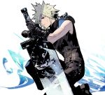  1boy armor baggy_pants belt blonde_hair blue_eyes boots buster_sword cloud_strife cofffee final_fantasy final_fantasy_vii final_fantasy_vii_remake gloves holding holding_sword holding_weapon looking_to_the_side male_focus multiple_belts one_knee pants short_hair shoulder_armor sleeveless sleeveless_turtleneck solo spiked_hair suspenders sword toned toned_male turtleneck weapon white_background 