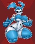 absurd_res android ather_os big_breasts black_eyes blue_body breasts female hi_res humanoid jenny_wakeman joints kneeling looking_at_viewer machine metal metallic_body my_life_as_a_teenage_robot navel nickelodeon open_mouth robot robot_humanoid solo thick_thighs under_boob wide_hips 