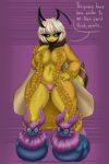  antennae_(anatomy) anthro arthropod arthropod_abdomen ather_os bathrobe bee big_breasts breasts cleavage clothed clothing dialogue female hair hand_on_hip hi_res hymenopteran insect insect_wings looking_at_viewer mature_female panties robe slippers solo stinger underwear white_hair wings yellow_body 
