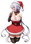  1girl bare_shoulders bell black_thighhighs blush breasts christmas cleavage collar collarbone commentary_request hair_ornament hair_ribbon hat large_breasts long_hair looking_at_viewer looking_to_the_side neck_bell open_mouth purple_eyes ribbon santa_costume santa_hat senki_zesshou_symphogear shiny shiny_hair simple_background solo thighhighs tsukamoto_kensuke white_background white_hair yukine_chris 