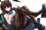  1girl amiya_(arknights) animal_ears arknights ascot bare_shoulders black_pantyhose black_skirt blue_ascot blue_eyes blush breasts brown_hair hair_between_eyes hand_on_own_chest hand_on_own_knee highres jacket kainines legs_up long_hair looking_at_viewer lying off_shoulder on_back open_clothes open_jacket pantyhose ponytail rabbit_ears rabbit_girl shirt sideboob simple_background skirt sleeveless sleeveless_shirt small_breasts solo thighs white_background 