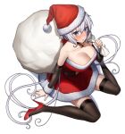  1girl bell black_thighhighs blush breasts christmas cleavage collar collarbone commentary_request from_above hair_ornament hair_ribbon hat high_heels large_breasts long_hair looking_at_viewer looking_up neck_bell open_mouth purple_eyes ribbon santa_costume santa_hat senki_zesshou_symphogear shiny shiny_hair simple_background sitting solo thighhighs tsukamoto_kensuke white_background white_hair yukine_chris 