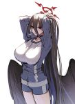  1girl adjusting_hair arms_up bangs black_choker black_hair black_wings blue_archive blue_jacket blue_shorts breasts choker feathered_wings hair_between_eyes halo hasumi_(blue_archive) hasumi_(gym_uniform)_(blue_archive) huge_breasts jacket long_hair looking_at_viewer low_wings mole mole_under_eye parted_lips partially_unzipped ponytail red_eyes shirt short_shorts shorts shoukaki_(earthean) simple_background solo very_long_hair white_background white_shirt wings 