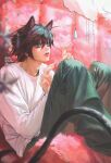  1boy animal_ears bags_under_eyes barefoot black_eyes black_hair blue_pants blurry blurry_foreground cat_boy cat_ears cat_tail death_note denim foot_out_of_frame hair_between_eyes highres jeans jnkku kemonomimi_mode l_(death_note) long_sleeves looking_up male_focus messy_hair pants pointing shirt short_hair sitting solo tail twitter_username white_shirt 