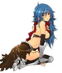  1girl armor armored_boots ass assassin_cross_(ragnarok_online) bangs black_gloves black_leotard black_socks blue_hair blush boots breasts brown_cape cape commentary_request cum cum_on_ass cum_on_clothes elbow_gloves eremes_guile fingerless_gloves full_body genderswap genderswap_(mtf) gloves hair_between_eyes high_heel_boots high_heels kneehighs leotard long_hair looking_at_viewer looking_to_the_side medium_breasts open_mouth pauldrons ragnarok_online red_eyes red_scarf revealing_clothes scarf shoulder_armor sideboob simple_background sitting socks solo sptbird torn_cape torn_clothes torn_scarf vambraces very_long_hair white_background yokozuwari 