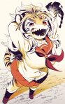  1girl animal_ears animal_nose arms_behind_head arms_up black_fire brown_theme durga_(housamo) fangs fangs_out fire full_body furry furry_female head_chain high_ponytail kan_(pyy_c12) loafers long_hair long_sleeves neckerchief open_mouth perspective pleated_skirt school_uniform serafuku sharp_teeth shoes skirt smile snout socks solo sweater tail teeth tiger_ears tiger_girl tiger_tail tokyo_afterschool_summoners 