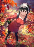  1girl arm_behind_back autumn autumn_leaves bag bangs bare_shoulders black_hair black_pantyhose breasts brown_footwear closed_mouth collarbone commentary_request day dress dutch_angle food from_above full_body hairband highres holding holding_bag kantoku long_sleeves looking_at_viewer looking_up medium_breasts off-shoulder_sweater off_shoulder outdoors pantyhose paper_bag red_eyes red_sweater shoes short_hair_with_long_locks sidelocks solo spy_x_family standing sweater sweater_dress vegetable white_hairband yor_briar 