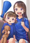  2girls :o bangs blue_shirt bow brown_eyes brown_hair child clenched_hand hair_bow japanese_flag jersey long_hair looking_at_viewer megaphone multiple_girls original otsu_natsu pink_bow shirt short_hair short_sleeves short_twintails shorts siblings sisters sitting stuffed_animal stuffed_dog stuffed_toy swept_bangs twintails 