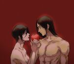  1boy 1girl apple bangs black_hair breasts cleavage closed_eyes collarbone couple eren_yeager facing_another food fruit hair_between_eyes hetero highres holding holding_food holding_fruit holding_hands long_hair looking_at_another medium_breasts mikasa_ackerman mnine5 nude open_mouth parted_bangs pectorals profile red_apple red_background scar scar_on_cheek scar_on_face shingeki_no_kyojin short_hair teeth toned toned_male topless topless_male upper_body upper_teeth 