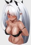  1girl absurdres arms_behind_back bikini bikini_top_only black_bikini black_ribbon blue_archive breasts cleavage collarbone dark-skinned_female dark_skin grey_background grey_hair hair_over_one_eye hair_ribbon highres iori_(blue_archive) iori_(swimsuit)_(blue_archive) large_breasts looking_at_viewer navel pointy_ears red_eyes ribbon simple_background solo stomach sweat swimsuit tan tanlines twintails upper_body wang22255 