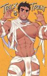  1boy abs absurdres armpit_hair bandaged_arm bandaged_leg bandages bara black_hair halloween highres large_pectorals little_mac male_focus milkiato mummy_costume muscular muscular_male naked_bandage navel nipples pectorals punch-out!! see-through short_hair smile solo teeth trick_or_treat 
