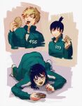  1girl 2boys black_hair blonde_hair chainsaw_man champi collared_shirt cookie crying dalgona denji_(chainsaw_man) food green_track_suit hair_ornament hairclip hayakawa_aki higashiyama_kobeni highres licking looking_at_object medium_hair multiple_boys nervous on_floor popped_collar shirt short_hair simple_background squid_game tears tongue tongue_out topknot track_suit white_background 