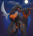  absurd_res anthro big_breasts breasts claws clothed clothing costume female generation_6_pokemon halloween hi_res holding_object holding_weapon holidays legendary_pokemon legwear looking_at_viewer melee_weapon nintendo pokemon pokemon_(species) smile solo testowepiwko thigh_highs video_games weapon yveltal 