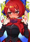  1girl black_shirt blue_bow blush bow cape embarrassed full-face_blush furrowed_brow hair_between_eyes hair_bow hands_up highres long_sleeves looking_away red_eyes red_hair red_skirt sekibanki sekkaku_nuru shirt short_hair skirt solo speech_bubble touhou 