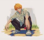  1boy black_pants blonde_hair candy chainsaw_man champi collared_shirt denji_(chainsaw_man) food grass highres holding holding_candy holding_food holding_lollipop lollipop looking_to_the_side pants shirt shirt_half_tucked_in short_hair simple_background sleeves_rolled_up solo squatting white_background white_footwear white_shirt yellow_eyes 
