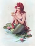 1girl ariel_(disney) bare_arms bare_shoulders blue_eyes breasts cleavage floating floating_object flower hair_flower hair_ornament highres jewelry long_hair medium_breasts necklace petals pink_flower red_hair red_lips shell_necklace shiny shiny_skin signature sitting solo the_little_mermaid toshiasan water white_background white_flower 