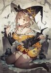  1girl atelier_(series) atelier_ryza atelier_ryza_2 bat_(animal) black_pantyhose black_ribbon breasts brown_eyes brown_hair candy commentary_request cross food grave hair_ribbon halloween halloween_costume hanging_scroll hat jack-o&#039;-lantern jewelry long_sleeves looking_at_viewer necklace pantyhose pumpkin reisalin_stout ribbon scroll short_hair solo thick_thighs thighs tombstone toridamono torn_clothes torn_legwear witch_hat 