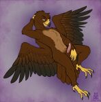  2019 accipitrid accipitriform anthro avian avian_penis balls beak bird bird_feet brown_body claws countershade_torso countershading eagle erection eyebrows feathered_wings feathers genitals golden_eagle hand_behind_head head_tuft hi_res lichfang looking_at_viewer lying male nude on_back open_mouth pinup pose seductive simple_background solo talons toe_claws true_eagle tuft wings yellow_eyes 