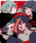  2boys 2girls :d :p absurdres bandage_over_one_eye black_headwear blue_eyes blue_hair blush bunsketches chongyun_(genshin_impact) closed_eyes closed_mouth eyepatch fang fangs flower-shaped_pupils genshin_impact hat hat_ornament highres holding hu_tao_(genshin_impact) jiangshi looking_at_viewer multiple_boys multiple_girls mummy ofuda one_eye_covered open_mouth outstretched_arms qing_guanmao red_background red_eyes short_hair skin_fang smile symbol-shaped_pupils tongue tongue_out vampire witch_hat xiangling_(genshin_impact) xingqiu_(genshin_impact) zombie_pose 