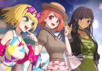  3girls black_hair blonde_hair character_request earrings girls_mode_4 gonzarez green_eyes hat headgear highres jewelry long_hair multiple_girls necklace open_mouth pink_eyes red_hair short_hair smile style_savvy_(video_game_series) 