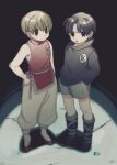  2boys aged_down arm_at_side badge bandaged_head bandages bangs bare_arms bare_shoulders black_footwear black_hair black_shirt blonde_hair blurry boots child chrollo_lucilfer depth_of_field earrings flats from_above green_eyes grey_shorts hand_on_hip hands_in_pockets hunter_x_hunter jewelry knee_boots light_brown_hair long_sleeves looking_at_viewer male_child male_focus motakokun multiple_boys pants parted_bangs puffy_pants red_footwear red_shirt sash shalnark shirt short_hair shorts sleeveless sleeveless_shirt standing turtleneck 