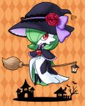  boots bow bowtie broom broom_riding chibi costume dress flower frills gardevoir green_hair halloween halloween_costume hat hat_bow highres lamp muguet no_feet pokemon red_eyes red_flower red_rose rose witch witch_hat 