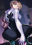  1girl absurdres bag blonde_hair blue_eyes bodysuit breasts cellphone highres holding holding_phone kagematsuri large_breasts long_sleeves looking_at_viewer marvel open_mouth parted_lips phone shoulder_bag smartphone solo spider-gwen spider-man:_into_the_spider-verse spider-man_(series) turtleneck 