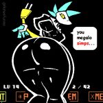  2022 anthro big_butt butt deltarune dialogue digital_media_(artwork) english_text felid feline female hi_res huge_butt looking_at_viewer machine mammal rear_view robot rohan_furries solo tasque_manager text thick_thighs undertale undertale_(series) video_games yellow_eyes 