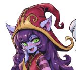 1girl :d bangs colored_skin dress ears_through_headwear fang green_eyes hand_up league_of_legends long_hair lulu_(league_of_legends) open_mouth phantom_ix_row pink_skin purple_hair red_dress red_headwear shiny shiny_hair simple_background smile solo striped_sleeves upper_body white_background yordle 