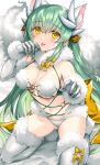  1girl animal_ears bangs bare_shoulders blush bow breasts cleavage cosplay dragon_girl dragon_horns elbow_gloves fate/grand_order fate_(series) fur-trimmed_gloves fur-trimmed_legwear fur_collar fur_trim gloves green_hair hair_ornament highres horns kiyohime_(fate) kneeling lace-trimmed_legwear lace_trim long_hair looking_at_viewer mash_kyrielight mash_kyrielight_(dangerous_beast) mash_kyrielight_(dangerous_beast)_(cosplay) medium_breasts morizono_shiki multiple_horns navel o-ring open_mouth revealing_clothes smile solo tail thighhighs thighs white_gloves white_thighhighs wolf_ears wolf_tail yellow_bow yellow_eyes 