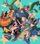  2boys 2girls aqua_background baseball_cap blue_eyes blue_jacket brown_hair double_bun emboar fire hair_bun hat highres hilbert_(pokemon) hilda_(pokemon) jacket multiple_boys multiple_girls nate_(pokemon) pokemon pokemon_(game) pokemon_bw pokemon_bw2 ponytail raglan_sleeves rosa_(pokemon) samurott serperior shirt sleeveless sleeveless_shirt smile star_(symbol) vest visor_cap wristband xtransceiver zianazu 