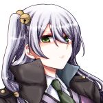  1girl :/ assault_lily bangs bell black_cloak cardigan cloak closed_mouth collared_shirt commentary_request frown green_eyes green_necktie grey_hair hair_bell hair_between_eyes hair_ornament hidai_miyazu high_collar highres jingle_bell long_hair looking_at_viewer necktie one_side_up portrait purple_cardigan school_uniform shirt simple_background solo tora_(yoaq151bibozrrb) v-shaped_eyebrows white_background white_shirt 