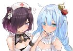  2girls =3 azur_lane bangs bare_shoulders bell black_bow black_bowtie blue_eyes blue_hair blush bow bowtie braid breasts cleavage cleavage_cutout closed_mouth clothing_cutout commentary cone_hair_bun crown detached_collar dress elbow_gloves flying_sweatdrops frilled_dress frills gloves hair_between_eyes hair_bun hair_over_one_eye hair_ribbon hand_up hat janus_(azur_lane) jervis_(azur_lane) long_hair looking_at_viewer low_twintails medium_breasts mini_crown multiple_girls neck_bell nurse_cap purple_eyes purple_hair ribbon schreibe_shura short_hair sidelocks simple_background sleeveless sleeveless_dress small_breasts standing twintails upper_body white_background white_dress white_gloves white_ribbon wrist_cuffs 
