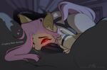  &lt;3 anthro anthrofied bat_pony ear_tuft english_text equid evehly female flutterbat_(mlp) fluttershy_(mlp) friendship_is_magic fur genitals glowing glowing_eyes hasbro king_sombra_(mlp) male male/female mammal my_little_pony nuzzling penis pink_hiar red_eyes text tuft yellow_body yellow_fur 