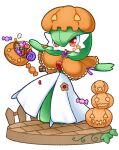  +_+ :o bow bowtie candy chibi cookie costume dress food gardevoir green_hair halloween halloween_costume highres muguet no_feet pokemon pumpkin red_eyes simple_background white_background white_dress 
