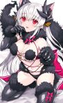  1girl animal_ears bangs bare_shoulders black_gloves black_horns black_thighhighs blush bow breasts cleavage cosplay dragon_girl dragon_horns elbow_gloves fate/grand_order fate_(series) fur-trimmed_gloves fur-trimmed_legwear fur_collar fur_trim gloves hair_ornament highres horns kiyohime_(fate) kneeling lace-trimmed_legwear lace_trim long_hair looking_at_viewer mash_kyrielight mash_kyrielight_(dangerous_beast) mash_kyrielight_(dangerous_beast)_(cosplay) medium_breasts morizono_shiki multiple_horns navel o-ring open_mouth red_bow red_eyes revealing_clothes smile solo tail thighhighs thighs white_hair wolf_ears wolf_tail 