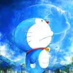  1:1 2022 bell blue_body blue_fur blue_sky building cloud collar day domestic_cat doraemon doraemon_(character) felid feline felis frown fur machine male mammal mountain mouth_closed mt_tg pouch_(anatomy) red_collar red_nose robot shaded side_view sky smile solo standing whiskers white_body white_fur 