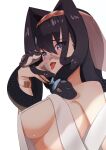  1girl blue_eyes bow breasts covered_nipples facial_hair highres hololive hololive_english jewelry living_hair looking_at_viewer monster_girl mustache naughty_face open_mouth ouro_kronii sideboob skaarl_(artist) smile snake snake_hair solo tongue tongue_out veil virtual_youtuber 